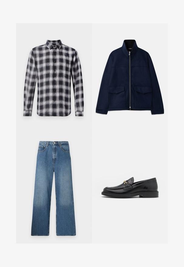 Dondup JACKET - Let jakke / Sommerjakker - universe blue; Skoleternet skjorte i sort og hvid, langærmet, med krave, lavet af let stof med en blød struktur, der har sorte knapper.; Bredde ben blå denim jeans med et klassisk fem-lomme design, frontlukning med knap og let falming for tekstur.; Sorte læder loafers med en rund tå, der har guld hardware accent og syningsdetaljer, placeret på en lav, tekstureret gummisål.