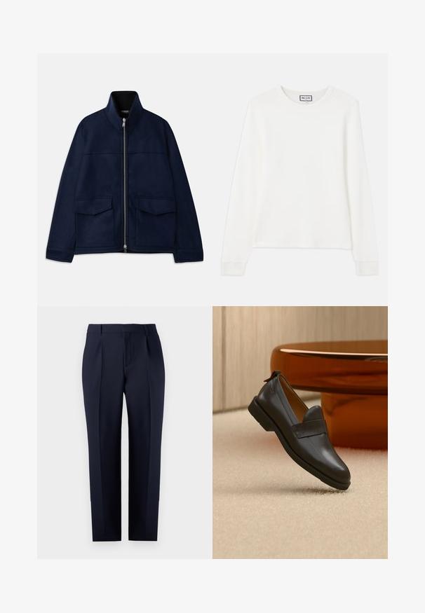 Dondup JACKET - Chaqueta fina - universe blue; Top largo de manga blanca de punto acanalado con cuello redondo y puños ajustados. Presenta una etiqueta que dice "PAUL & JOE" en el cuello.; Pantalones sastre azul marino hechos de tejido texturizado, con corte recto, pliegues delanteros y una cinturilla clásica con trabillas para cinturón.; Mocasín de cuero negro con tacón bajo flotando sobre una alfombra beige, junto a una mesa brillante de color ámbar en una habitación minimalista.