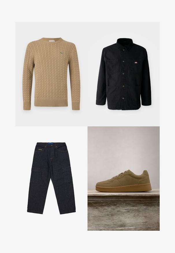 Zwarte button-up jack met vier voorzakken, corduroy kraag en klein merklogo patch op de bovenkant van de rechter borstzak.; Beige kabelbrei trui met een ronde hals, geribbelde manchetten en onderrand, met een klein groen logo op de linkerborst. Zachte textuur.; Donkerdenim cargo broek met een ontspannen pasvorm, meerdere cargozakken en contrasterende oranje stiklijnen. Blauwe taillebandlabel zichtbaar.; Olijfgroene sneaker met veters zwevend boven een houten bankje, met vervaagde groene bladeren op de achtergrond.