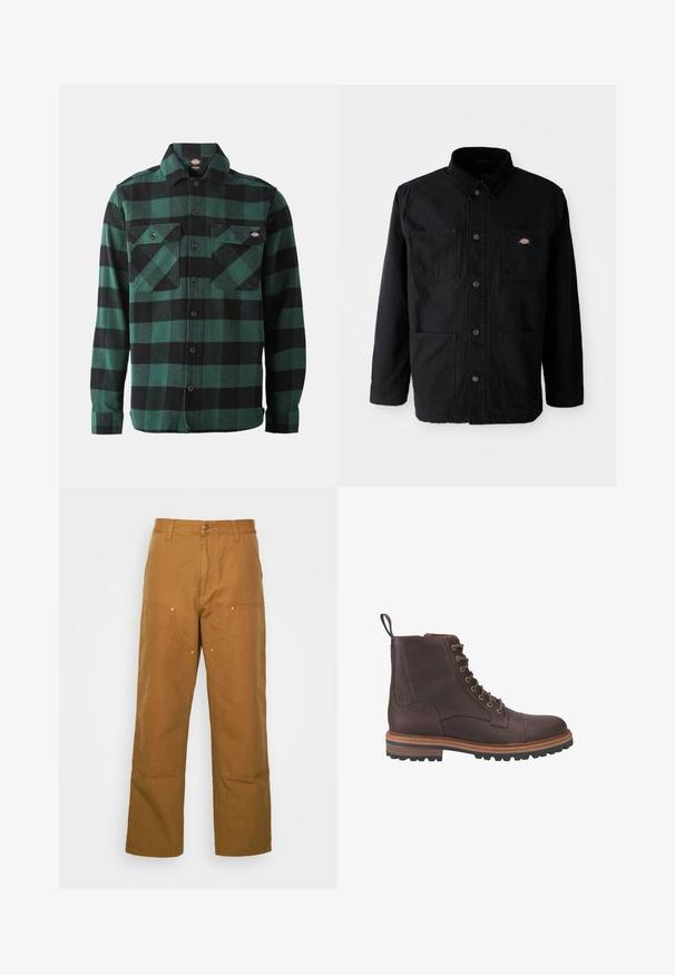 Zwarte button-up jack met vier voorzakken, corduroy kraag en klein merklogo patch op de bovenkant van de rechter borstzak.; Groene en zwarte geruite flanellen overhemd met lange mouwen, knoopsluiting aan de voorkant, twee borstzakken en een klassieke kraag. Zachte textuur, veelzijdig ontwerp.; Bruine katoenen utility broeken met een rechte pijpdesign, voorzien van voorzakken en metalen hardware accenten voor extra duurzaamheid.; Bruine leren veterschoenen tot boven de enkel met een gestructureerde afwerking, contrasterende beige zolen en metalen veteroogjes. Voorzien van een trekkoordje voor gemakkelijk aan- en uittrekken.