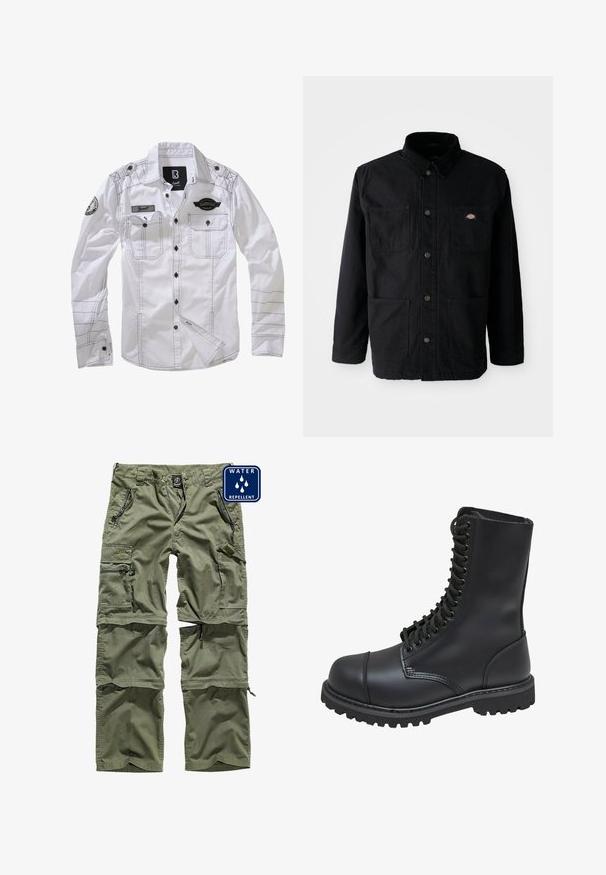 Zwarte button-up jack met vier voorzakken, corduroy kraag en klein merklogo patch op de bovenkant van de rechter borstzak.; Witte lange mouwen shirt met zwarte stiksels, twee borstzakken en een patch op een mouw. Heeft een knoopsluiting aan de voorkant en een kraag.; Groene waterdichte cargobroek met meerdere ritszakken, verstelbare boorden en een duurzame stof. Bevat een logostuk aan de voorkant.; Zwarte leren gevechtslaars met een hoge schacht, vetersluiting aan de voorkant, gewatteerde kraag en een stevige, gestructureerde zool voor grip. Bevat een versterkte neus.