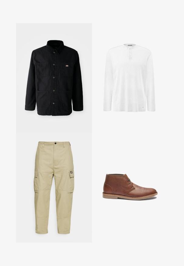 Chaqueta negra de botonadura con cuatro bolsillos frontales, cuello de pana y pequeño parche del logotipo de la marca en el bolsillo superior derecho.; Camisa henley de manga larga blanca con tres botones en el cuello y una pequeña etiqueta rectangular cerca del dobladillo.; Pantalones cargo beige hechos de una tela duradera, con dos bolsillos laterales, cierre de botón y piernas ajustadas con una textura suave.; Botas de cuero marrón hasta el tobillo con un diseño elegante, que cuentan con un lace sencillo, punta redondeada y suela de goma. Textura suave con acentos cosidos.