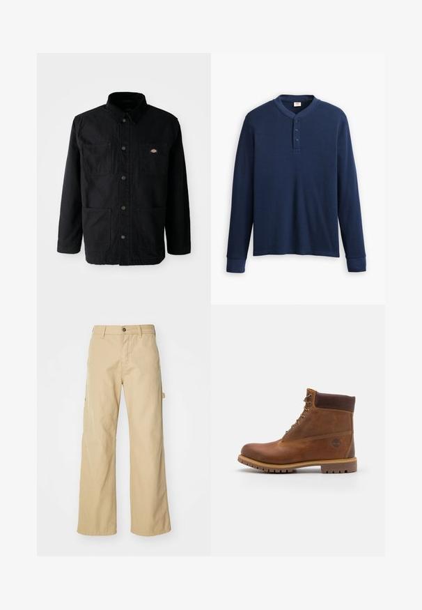 Schwarze Knopfjacke mit vier vorderen Taschen, Cordkragen und kleinem Markenlogo-Patch auf der oberen rechten Brusttasche.; Langärmliges navyblaues Henley-Shirt aus geripptem Stoff. Mit rundem Ausschnitt und einer Knopfleiste mit drei Knöpfen. Die Bündchen sind schmal geschnitten.; Beigeweite Cargo-Hosen mit Knopfverschluss, ausgestattet mit Seitentaschen, aus strapazierfähigem Baumwollstoff, mit glatter Textur und geradem Schnitt.; Braune Lederwanderschuhe mit glatter Oberfläche, gepolstertem Knöchel, Metallösen und einer Gummisohle mit robustem Profil.