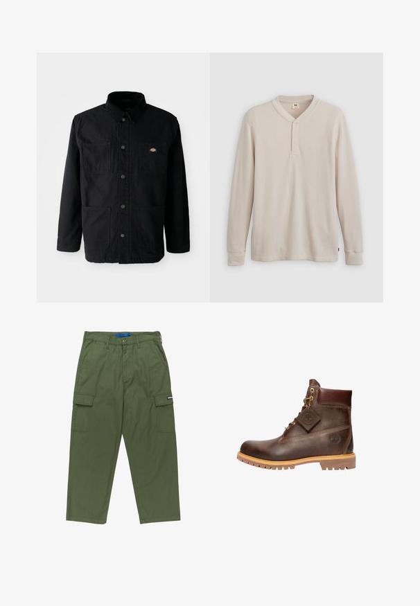 Chaqueta negra de botonadura con cuatro bolsillos frontales, cuello de pana y pequeño parche del logotipo de la marca en el bolsillo superior derecho.; Camisa tipo henley de manga larga en tejido acanalado color beige claro, con escote en V,tapeta de tres botones, y mangas con puños. Etiqueta de logo roja en el dobladillo.; Pantalones cargo verdes con un corte recto, múltiples bolsillos laterales y cierre con cremallera. Fabricados en tejido de algodón resistente. Presenta etiqueta de la marca.; Botín de cuero marrón hasta el tobillo con punta redonda, suela resistente, herrajes en tono dorado y parte superior texturizada. Incluye una etiqueta con el logo adjunta.