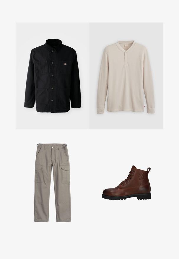 Chaqueta negra de botonadura con cuatro bolsillos frontales, cuello de pana y pequeño parche del logotipo de la marca en el bolsillo superior derecho.; Camisa tipo henley de manga larga en tejido acanalado color beige claro, con escote en V,tapeta de tres botones, y mangas con puños. Etiqueta de logo roja en el dobladillo.; Pantalones cargo de tejido gris claro, con dos grandes bolsillos laterales, bolsillos frontales, cierre de botón y un ajuste holgado.; Botín de cuero marrón hasta el tobillo con una superficie texturizada, seis ojetes, una suela de goma negra y un lazo para fácil colocación.