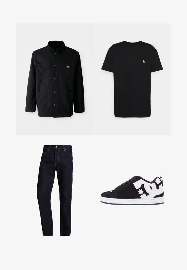 Chaqueta negra de botonadura con cuatro bolsillos frontales, cuello de pana y pequeño parche del logotipo de la marca en el bolsillo superior derecho.; Camiseta de algodón negra con mangas cortas, cuello redondo y un pequeño logo amarillo en el área del pecho izquierdo. Diseño simple y ajuste regular.; Vaqueros de mezclilla azul oscuro con un corte recto, que presentan costuras amarillas, cinco bolsillos y un cierre clásico de botón y cremallera.; Zapatilla negra con acentos y logotipo blanco. Presenta puntera redonda, suela acolchada, cordones planos y material superior liso. Vista lateral.