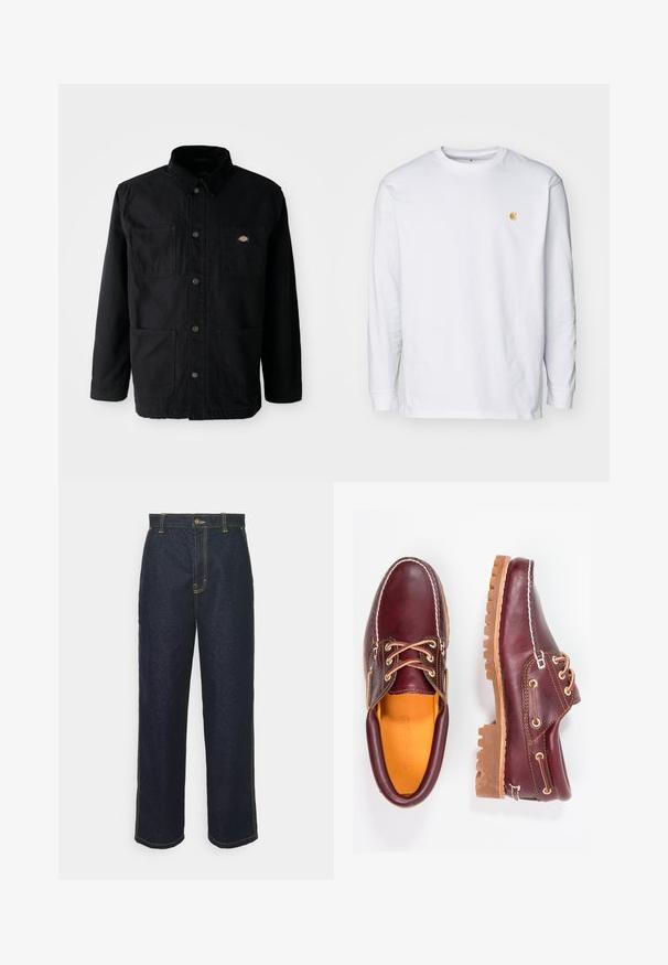 Zwarte button-up jack met vier voorzakken, corduroy kraag en klein merklogo patch op de bovenkant van de rechter borstzak.; Witte lange mouwen t-shirt van katoen. Voorzien van een klein gouden logo op de borst en een ronde hals. Eenvoudig ontwerp en standaard pasvorm.; Wijde donkerblauwe spijkerbroek met gele stiksels, voorzien van een knoopsluiting aan de voorkant en zijzakken. Glad van textuur en met een traditioneel ontwerp.; Bordeaux leren schoenen met bruine rubberen zolen, ronde neus, witte stiksels en gouden veterogen. Het interieur heeft een gele voering.