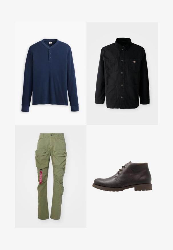 Zwarte button-up jack met vier voorzakken, corduroy kraag en klein merklogo patch op de bovenkant van de rechter borstzak.; Langdraagbare marineblauwe henley shirt van ribstof. Heeft een ronde halslijn en een knoopsluiting met drie knopen. De mouwen zijn aangesloten.; Alpha Industries TACTICAL PANT - Cargobroek - olive; Bruine leren enkellaars met een ronde neus, zijstiksels en een robuuste rubberen zool. Voorzien van twee metalen oogjes voor veters. Duurzaam ontwerp.