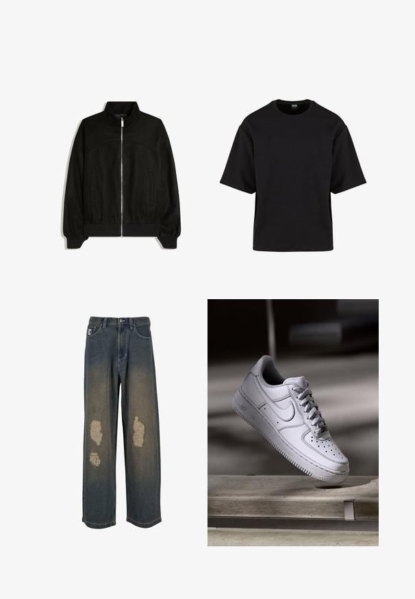 Schwarze Jacke mit Reißverschluss, hohem Kragen, langen Ärmeln, gerippten Bündchen und Saum sowie zwei Fronttaschen, flach auf weißem Hintergrund dargestellt.; Urban Classics SCUBA TEE - T-Shirt basic - black; Verblasste blaue Denim-Jeans mit weitem Bein, die mit abgenutzten Flecken und ausgefransten Kanten versehen sind. Verschluss mit Metallknopf und Reißverschluss, mit vorderen Taschen.; Weißer Nike Air Force 1 Sneaker aus Leder mit perforierter Zehenpartie, flachen Schnürsenkeln und strukturierter Gummisohle mit "AIR"-Branding an der Seite.