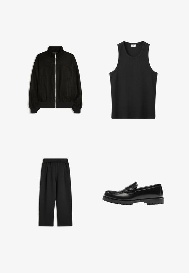 Veste noire zippée avec col montant, manches longues, poignets et ourlet côtelés, et deux poches devant, présentée à plat sur fond blanc.; Débardeur noir côtelé sans manches avec un col rond, conçu pour un usage décontracté.; Pantalons larges noirs avec taille élastique et poches latérales, présentés à plat sur un fond blanc.; Mocassin en cuir noir avec une semelle en caoutchouc épaisse et un détail classique de bride à monnaie, vu de côté extérieur.
