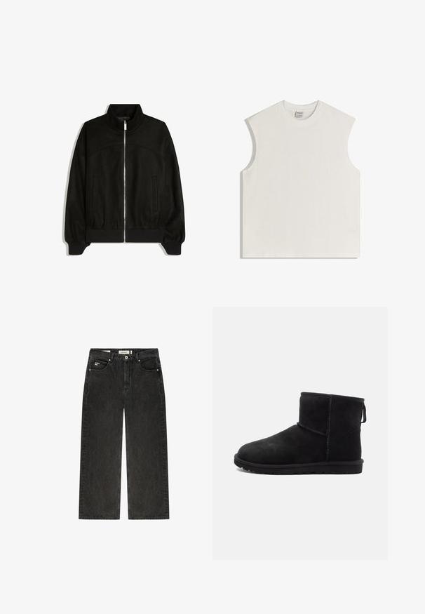 Schwarze Jacke mit Reißverschluss, hohem Kragen, langen Ärmeln, gerippten Bündchen und Saum sowie zwei Fronttaschen, flach auf weißem Hintergrund dargestellt.; Ärmelloses weißes Baumwolltop mit rundem Ausschnitt und leicht gepolsterten Schultern, flach auf einem weißen Hintergrund liegend.; Schwarze Straight-Leg-Jeans mit fünf Taschen, Knopfverschluss und einem kleinen weißen "project blue"-Label auf der vorderen Tasche.; Schwarze Wildleder-Ankle Boots mit abgerundeter Spitze, minimalistischen Stichdetails, Zuglasche und einer strukturierten Gummisohle. Entworfen für Wärme und Komfort.