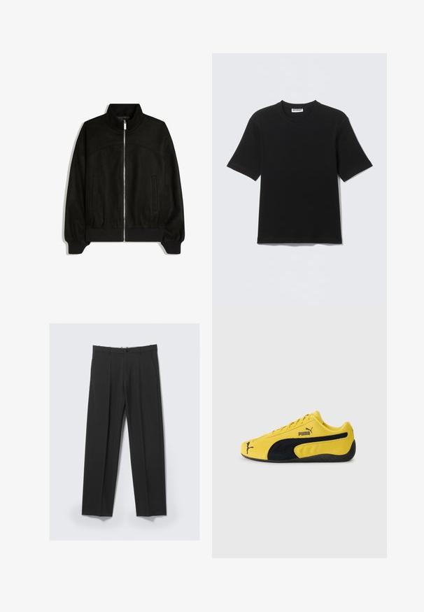 Sort lynlåstrøje med høj krave, lange ærmer, ribstrikkede manchetter og kant samt to forlommer, vist fladt på hvid baggrund.; Sort kortærmet T-shirt med rund hals og "WEEKDAY" mærke på indersiden af kraven, vist fladt på en lys baggrund.; Sorte skræddersyede bukser med forreste plisseringer, sidelommer, bæltestropper og knaplukning ved linningen på en lys baggrund.; Gul ruskinds sneakers med sorte ruskindsdetaljer. Har en struktureret sål, snørelukning og Puma-logo på siden og tungen.