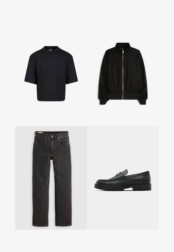 Schwarze Jacke mit Reißverschluss, hohem Kragen, langen Ärmeln, gerippten Bündchen und Saum sowie zwei Fronttaschen, flach auf weißem Hintergrund dargestellt.; Schwarzes Baumwoll-T-Shirt mit Rundhalsausschnitt, kurzen Ärmeln und oversized Passform. Glatte Textur und minimalistisches Design. Keine sichtbaren Logos.; Schwarze Jeans aus Denim mit geradem Bein, fünf Taschen und metallischen Beschlägen. Der Stoff hat eine leichte Textur und eine einfarbige Oberfläche.; Schwarze Lederloafer mit runder Zehenform, ausgestattet mit einem gesteppten Design, niedrigem Plattformsohle und einer strukturierten, genoppten Gummisohle.