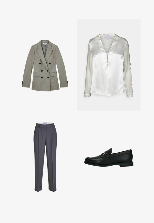 Lichtgrijze dubbelgeknoopte blazer met zwarte knopen, ingesneden revers en voorflapzakken, plat gelegd op een witte achtergrond.; STUDIO ID ALYSSA - Blouse - champagne; Donkergrijze op maat gemaakte broek met een recht gesneden ontwerp, geplooid voorpand en omslagmanchetten. Gemaakt van soepel materiaal, met een klassieke tailleband.; Zwarte leren instapschoen met textuurafwerking, zachte ronde neus, lage gestapelde hak en decoratieve metalen accent op de voorkant. Gladde voering aan de binnenkant.