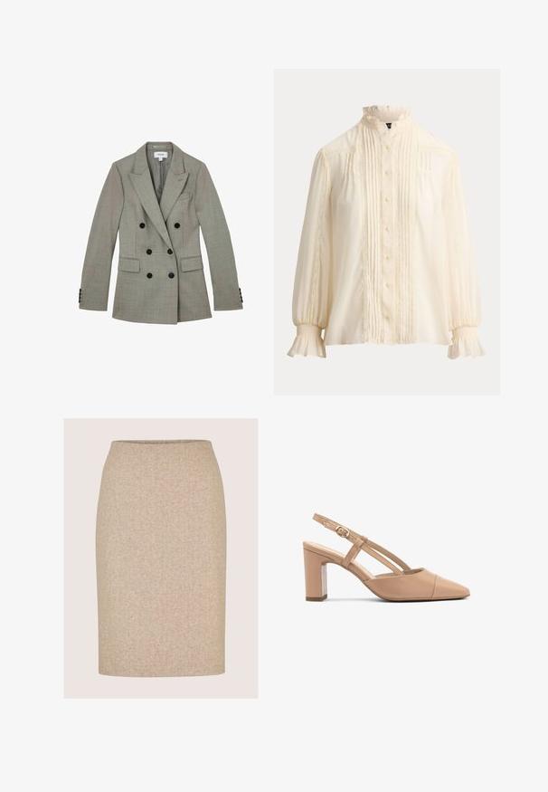Hellgrauer zweireihiger Blazer mit schwarzen Knöpfen, abgestutzten Revers und vorderen Pattentaschen, flach auf weißem Hintergrund liegend.; Langärmelige Bluse in Creme mit Rüschenkragen und -manschetten, durchgehender Knopfleiste vorne, vertikalen Falten und Spitzenbesatz.; Beiger knielanger Bleistiftrock mit dezentem Fischgrätmuster und ohne sichtbare Nähte oder Verzierungen.; Beige Leder Slingback-Absätze mit einer spitzen Zehenform, Blockabsatz und einem Riemen mit einer kleinen goldenen Schnalle. Glatte Textur, minimalistisches Design.