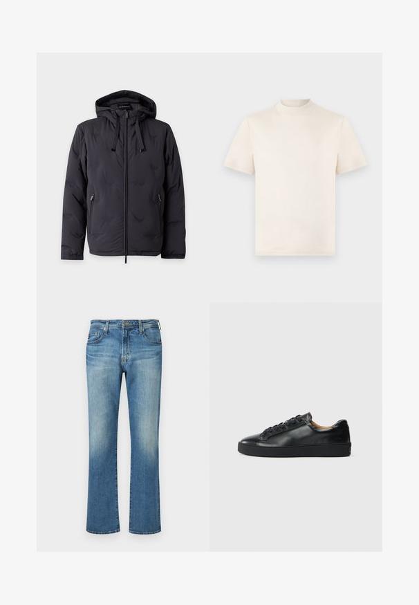 Veste noire à capuche avec fermeture éclair, cordons, deux poches latérales zippées et poignets élastiques, présentée sur fond uni.; T-shirt crème à manches courtes avec un col montant, fabriqué en coton doux. Présente un logo embossé subtil sur la poitrine.; Pantalon en denim bleu, design à jambe droite avec un délavage, présentant un style classique à cinq poches et des accents en métal.; Baskets en cuir noir avec une texture lisse, bout rond et fermeture à lacets. Comprend une semelle en caoutchouc épaisse et un minimum de détails de marque.