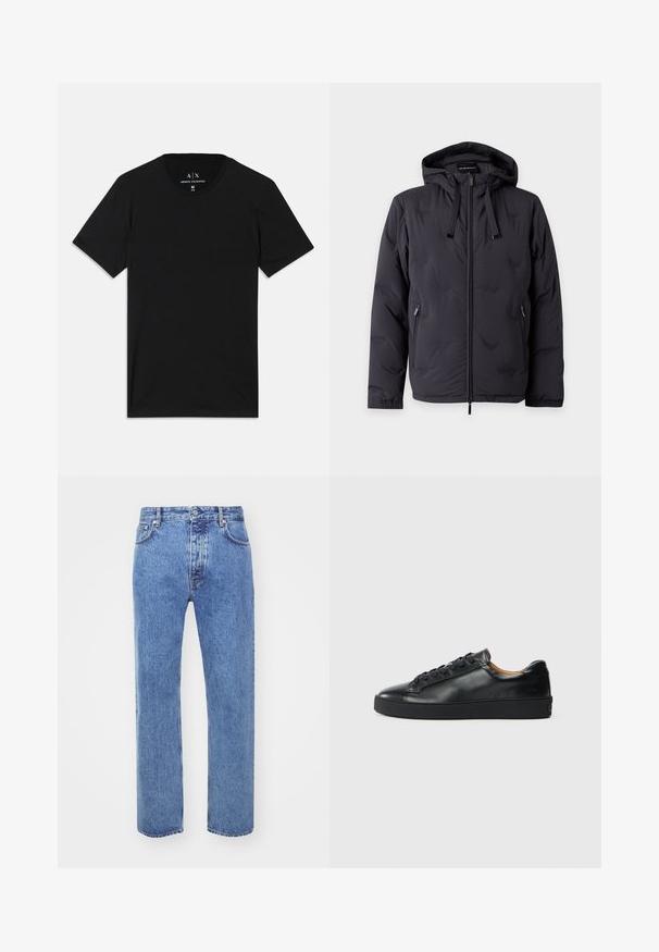 Schwarze Kapuzenjacke mit Reißverschluss, Kordelzug, zwei seitlichen Reißverschlusstaschen und elastischen Bündchen, auf einfachem Hintergrund dargestellt.; Schwarzes T-Shirt aus Baumwolle mit kurzen Ärmeln, Rundhalsausschnitt und einem Etikett mit dem Markenlogo am inneren Kragen.; Won Hundred STEVE - Jeans Relaxed Fit - cut blue; Schwarze Leder-Sneaker mit glatter Textur, runder Zehenpartie und Schnürverschluss. Verfügt über eine dicke Gummisohle und minimalistische Marken-Details.