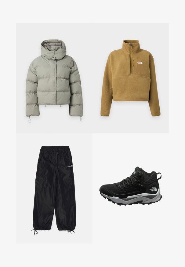Doudoune en vert muted, avec un col haut, une coupe oversize, une texture quiltée et des cordons de serrage réglables à l'ourlet et aux poignets.; Pull-over en polaire beige avec col à demi-fermeture éclair, poche avant et ourlet élastique ; présente une surface douce et texturée avec un accent de logo blanc.; Pantalons cargo noirs en nylon brillant avec une taille élastique, cordon de serrage réglable, poches latérales et poignets élastiques.; Bottes de randonnée noires avec une tige texturée, une semelle intermédiaire grise et une semelle extérieure en caoutchouc présentant des motifs de traction marqués. Design à lacets avec un col rembourré.