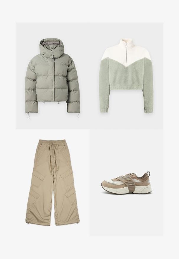 Puffersjakke i dæmpet grøn, med høj krave, oversize pasform, quiltet struktur og justerbare snore i kanten og ved ærmerne.; Croppede fleecejakke med half-zip krave i creme og lysegrønne farver, med et chevron-design og blødt, tekstureret stof.; Beige cargo bukser med snoretræk i taljen, flere sidelommer og en afslappet pasform. Lavet af letvægts, glat stof med syning detaljer.; Beige og hvid atletisk sneaker med mesh- og ruskindspaneler, tyk hvid sål og bred beige rem med teksten "Jordan" over midtfoden.