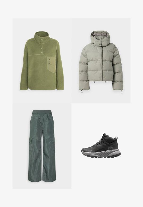 Chaqueta de plumas en verde apagado, con cuello alto, ajuste oversize, textura acolchada y cordones ajustables en el dobladillo y en los puños.; Sudadera de forro polar verde oliva con un cuello alto, tres botones y un bolsillo en el pecho con cremallera. Textura suave con detalles de costura en contraste.; Even&Odd by Zalando Pantalones cargo - dark green; Zapato de senderismo impermeable de altura media en color negro, con suela texturizada, cuello acolchado en el tobillo y logotipo "HH" en el lateral.