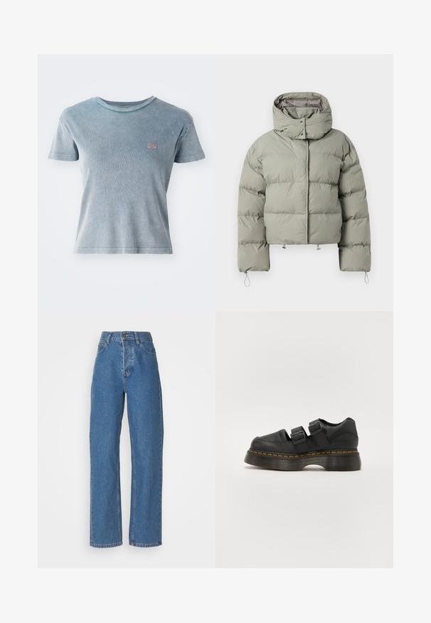 Doudoune en vert muted, avec un col haut, une coupe oversize, une texture quiltée et des cordons de serrage réglables à l'ourlet et aux poignets.; T-shirt bleu clair à manches courtes avec texture côtelée. Présente un petit patch logo sur la poitrine. Encolure ronde et design ajusté.; Jeans bleus taille haute, coupe droite avec une finition délavée. Comprend cinq poches, une fermeture à bouton et des détails de couture subtils.; Chaussure en cuir noir avec deux sangles réglables à boucle, semelle texturée surélevée et couture orange visible le long de la semelle intermédiaire.
