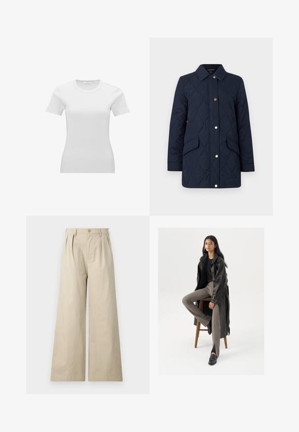 Veste longue matelassée bleu marine avec col, fermeture avant pressionnée et deux poches à rabat sur les côtés.; T-shirt femme blanc à manches courtes, ajusté, côtelé, col rond avec une petite étiquette de taille à l’intérieur du col.; Pantalons larges beiges en coton, avec des plis, une fermeture à bouton et des poches latérales, au toucher lisse et doux.; Manteau trench en cuir noir avec des boutons et une ceinture, associé à un pantalon ajusté marron clair et des mocassins noirs, assis sur un tabouret en bois.