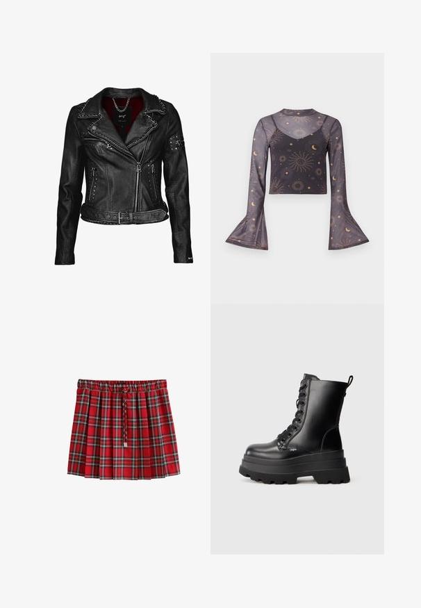 Maze ROCKIG SPICER - Læderjakker - black; Gennemsigtig sort langærmet cropped top med prikkede flæser, himmelsk sol-, måne- og stjernemønster, der har et indre camisetlag.; Rødternet plisseret nederdel med sort og hvid ternet mønster og en flettet snøre ved elastiklinningen.; Sorte snørebånds ankelstøvler med en kraftig platformsål, glat læderoverflade og en hælrem. Har otte snørehuller og tekstureret sål.