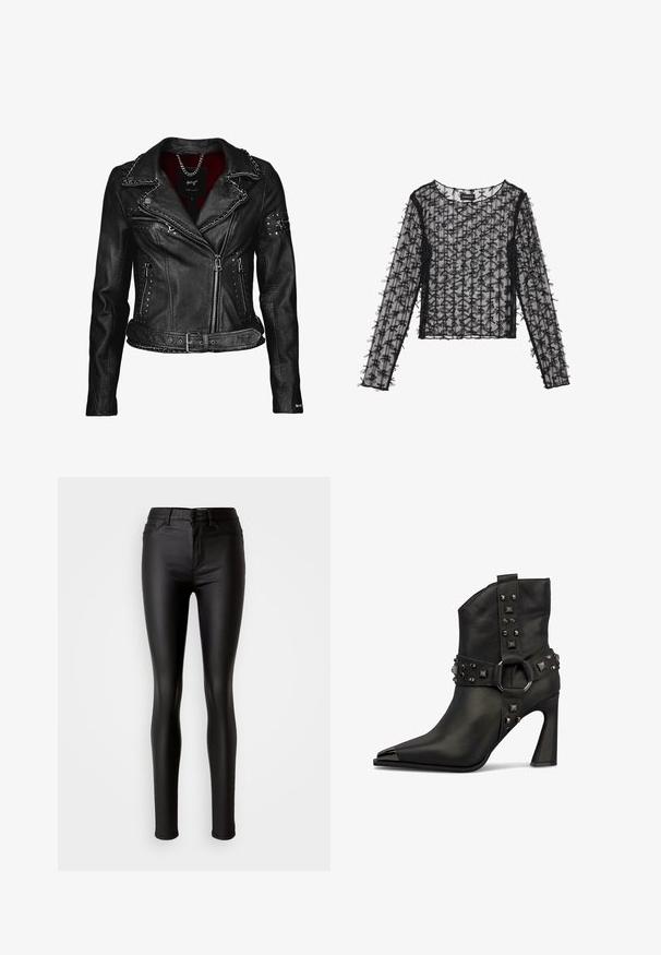 Maze ROCKIG SPICER - Lederjacke - black; Schwarzes, transparentes Langarmoberteil aus strukturiertem Material, mit einem Gittermuster und dekorativen 3D-Schleifen entlang der Ärmel und des Körpers.; Schwarze, enganliegende Skinny Jeans aus Kunstleder mit glatter Textur, hoher Taille, Knopfverschluss und traditionellem Fünf-Taschen-Design.; Schwarzer Leder-Knöchelstiefel mit spitzer Zehe, verdecktem Absatz und dekorativen metallischen Nieten sowie Schnallendetail um den Knöchel.