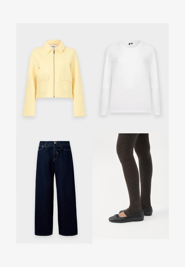 Veste jaune courte avec une fermeture éclair à l'avant, deux poches avant et un col plat. Texture douce et design minimaliste.; Chemise blanche à manches longues à col rond, posée à plat avec les étiquettes de col visibles sur un fond gris clair.; Jean large bleu foncé en denim, doté d'une fermeture à bouton à l'avant et d'une taille à cordon, avec des détails de couture contrastants.; Jambes portant des leggings côtelés foncés associés à des ballerines noires avec de petits détails en nœud sur fond blanc.