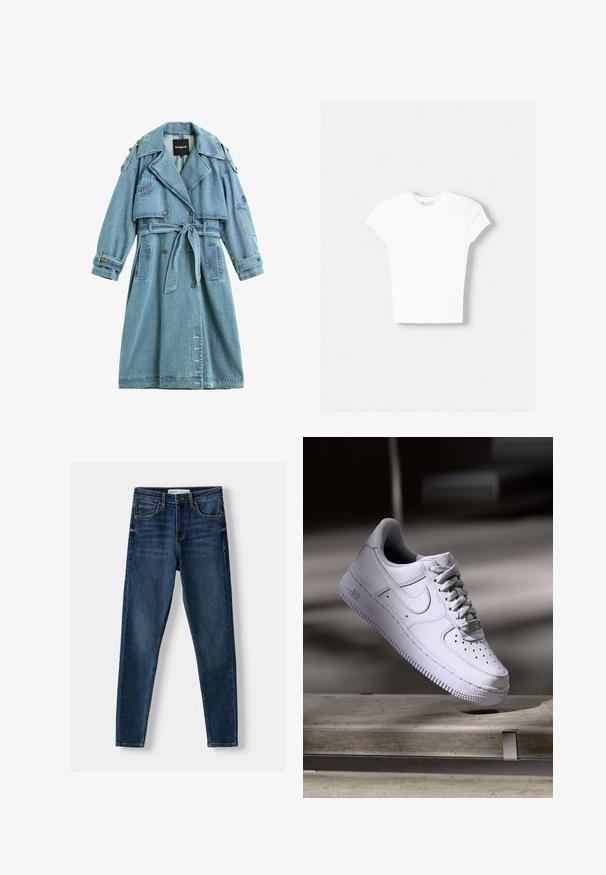 Lichtblauwe denim trenchcoat met brede revers, dubbele rij knopen, taille met ceintuur en lange mouwen met knoopmanchetten.; Witte t-shirt met korte mouwen van zachte katoen, met een ronde halslijn en een getailleerde vorm. Geen zichtbare patronen of versieringen.; Donkerblauwe denim skinny jeans met een klassiek vijf-pocket ontwerp, versterkte stiksels en een knoopsluiting. Gladde textuur, geen patronen.; Witte Nike Air Force 1 sneaker die zweeft boven een betonnen oppervlak met schaduwen in een minimalistische setting.