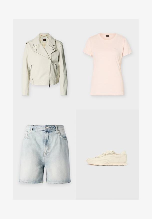 Hvid læderbikerjakke med en krave med hak, asymmetrisk forreste lynlås, lynlåslommer og sølvfarvede hardware-detaljer.; Lyserød kortærmet T-shirt med rund hals og lille præget BOSS-logo på venstre bryst samt sort mærke indvendigt i kraven.; Lyseblå denimshorts med knaplukning, fem lommer og en falmet struktur. Lige snit med et klassisk design.; Lavprofileret sneaker i cremefarve med bølget syning, snørebånd og en rilleret sål, vist fra siden på en ensfarvet baggrund.