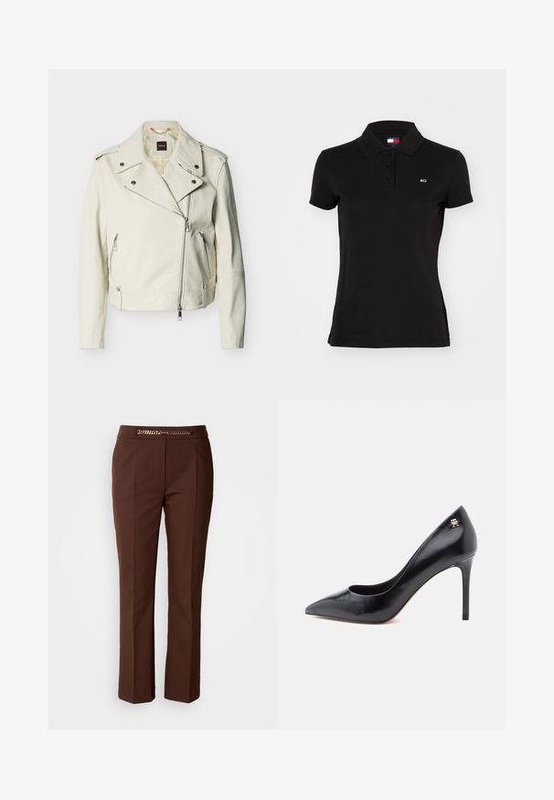 Veste de motard en cuir blanc avec un col à revers, une fermeture éclair asymétrique à l'avant, des poches zippées et des accents de quincaillerie couleur argent.; Polo noir à manches courtes avec trois boutons et un petit logo rectangulaire sur le côté gauche de la poitrine.; Pantalons marron ajustés avec une texture lisse, dotés d'un accent chaîne en or au niveau de la taille et d'une coupe droite.; Escarpin en cuir noir à talon haut avec un bout pointu, présentant un design ajouré et un petit logo doré sur le talon.