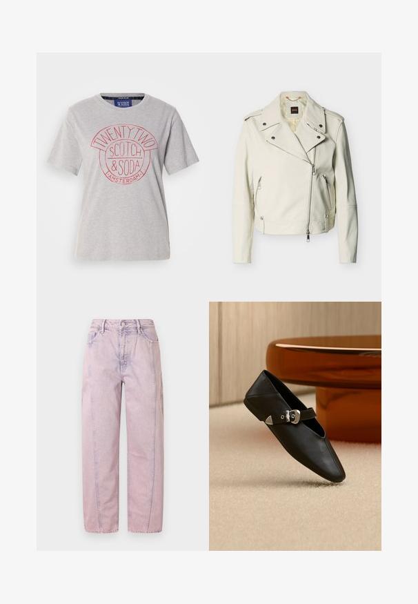 Veste de motard en cuir blanc avec un col à revers, une fermeture éclair asymétrique à l'avant, des poches zippées et des accents de quincaillerie couleur argent.; T-shirt en coton gris clair avec un col rond, des manches courtes et un imprimé graphique rouge portant la mention "TWENTY TWO SCOTCH & SODA AMSTERDAM."; Jean en denim lavande taille haute à jambes droites avec poches avant et arrière, passants pour ceinture et fermeture par bouton.; Chaussure plate en cuir noir avec bout pointu et bride à boucle argentée, posée sur un tapis beige devant une table ronde de couleur ambre.