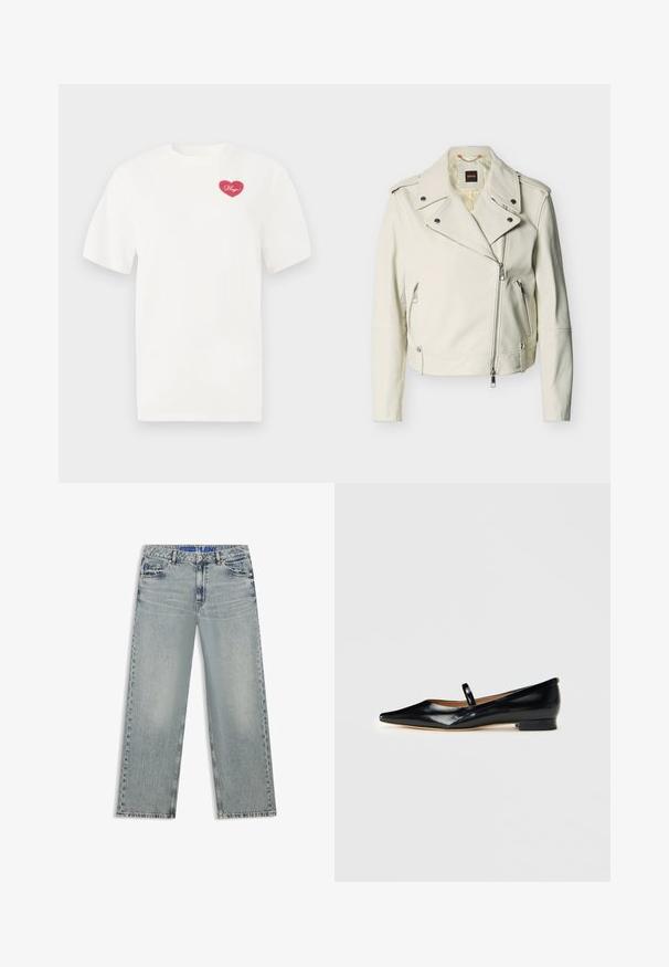 Hvid læderbikerjakke med en krave med hak, asymmetrisk forreste lynlås, lynlåslommer og sølvfarvede hardware-detaljer.; Hvid bomulds t-shirt med et rosa hjerteformet grafisk design med ordet "Hugs" i kursiv. Korte ærmer og afslappet pasform.; Lyseblå jeans med vide ben lavet af denim, med udvaskede områder, fem lommer og en blå mærket taljebånd.; Sorte patenterede læder Mary Jane flade sko med spids tå, én rem og lav hæl på ensfarvet baggrund.