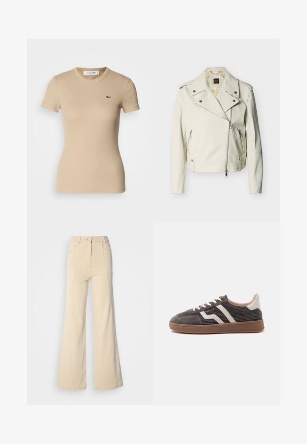 Hvid læderbikerjakke med en krave med hak, asymmetrisk forreste lynlås, lynlåslommer og sølvfarvede hardware-detaljer.; Beige ribbet bomulds t-shirt med korteærmer, rund halsudskæring, tætsiddende pasform og et lille grønt Lacoste logo på venstre bryst.; Beige vidde jeans med høj talje, forlommer og kontrasterende syninger, udstyret med en knaplukning og en glat bomuldsstruktur.; Enkel mørkegrå sneaker med hvide læderdetaljer, teksturerede sider, hvide snørebånd og en brun gummisål, vist fra siden på en ensfarvet baggrund.