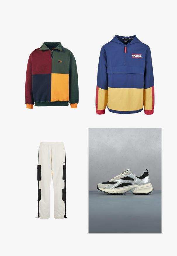 Veste à capuche en bleu marine avec des panneaux jaunes et rouges. Dotée d'une fermeture éclair sur le devant, d'un logo sur la poitrine et de poignets élastiques. Matière légère.; Sweatshirt coloré en blocs présentant des sections vertes, bourgognes, bleu marine et moutarde. Design avec col zippé et logo d'éléphant sur la poitrine. Texture douce.; Pantalons cargo blancs avec des panneaux latéraux noirs, taille élastique et poches cargo. Comprend des ourlets ajustables et le logo FUBU sur la jambe gauche.; Baskets modernes Calvin Klein noires et argentées suspendues au-dessus d'un sol en carrelage de bois avec un arrière-plan extérieur flou.