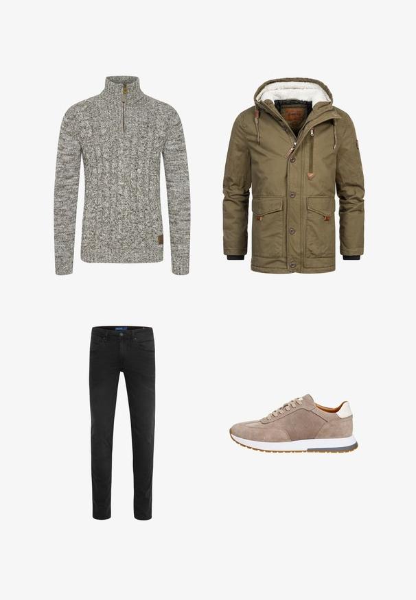 Veste vert olive avec une capuche doublée en fausse fourrure, fermeture zippée et boutons, plusieurs poches avant, accents en cuir et poignets côtelés.; Sweatshirt en maille torsadée d'une couleur gris-vert atténué, avec un col à zip moitié et un motif de tissu texturé. Patch logo marron au bas.; Jean noir en denim, avec une coupe slim et une texture lisse, cinq poches et une fermeture à bouton à la taille.; Baskets en daim marron clair avec des lacets beige, un talon en cuir blanc et une semelle en caoutchouc avec un subtil accent gris.