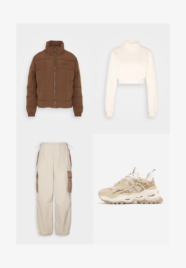 Karl Kani SIGNATURE PUFFER JACKET - Vinterjakker - brown smu; Beskarvet, creamefarvet sweatshirt med høj krave, halvlynlås og "NIKE" logo i lys grå på taljen. Blød tekstur.; BDG Urban Outfitters CONTRAST - Cargobukser - beige; Beige og hvide chunky sneakers med tyk sål, mesh- og læderpaneler, ovale udskæringer i mellemsålen, trækstropper på tunge og hæl.