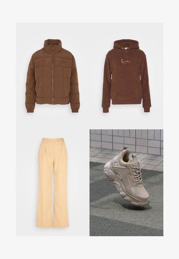 Karl Kani SIGNATURE PUFFER JACKET - Veste d'hiver - brown smu; Sweatshirt à capuche marron en tissu texturé, doté d'une poche frontale et de cordons de serrage. Logo brodé dans une couleur plus claire.; IN THE STYLE GEORGIA LOUISE PIN STRIPE WIDE LEG TROUSERS - Pantalon classique - stone; Baskets de sport beiges avec une tige en mesh et synthétique, un col rembourré et une semelle épaisse avec des accents texturés. Marque visible sur le côté.