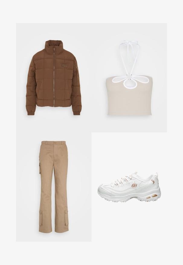 Karl Kani SIGNATURE PUFFER JACKET - Chaqueta de invierno - brown smu; Even&Odd by Zalando Top - taupe; Nicki Studios STRAIGHT POCKET PANTS - Pantalones cargo - kahve; Zapatilla deportiva blanca hecha de material sintético suave. Presenta detalles texturizados, adornos metálicos dorados, diseño con cordones y una suela acolchada.