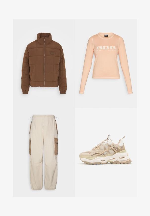 Karl Kani SIGNATURE PUFFER JACKET - Vinterjakker - brown smu; Langærmet ferskenfarvet t-shirt lavet af blødt stof, med en hvid grafisk tryk "BIDG EST. 1998 BUILT TO LAST" på forsiden og kontrastsyninger.; BDG Urban Outfitters CONTRAST - Cargobukser - beige; Beige og hvide chunky sneakers med tyk sål, mesh- og læderpaneler, ovale udskæringer i mellemsålen, trækstropper på tunge og hæl.