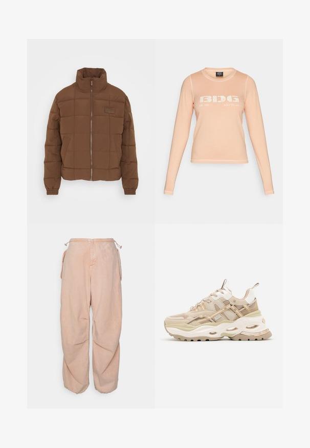 Karl Kani SIGNATURE PUFFER JACKET - Veste d'hiver - brown smu; T-shirt à manches longues couleur pêche en tissu doux, présentant une impression graphique blanche "BIDG EST. 1998 CONÇU POUR DURER" à l'avant et une couture contrastante.; BDG Urban Outfitters BAGGY CARGO - Jean boyfriend - acid pink; Baskets beige et blanches épaisses avec une semelle épaisse, des panneaux en maille et en cuir, des découpes ovales dans la semelle intermédiaire, des languettes sur la languette et le talon.