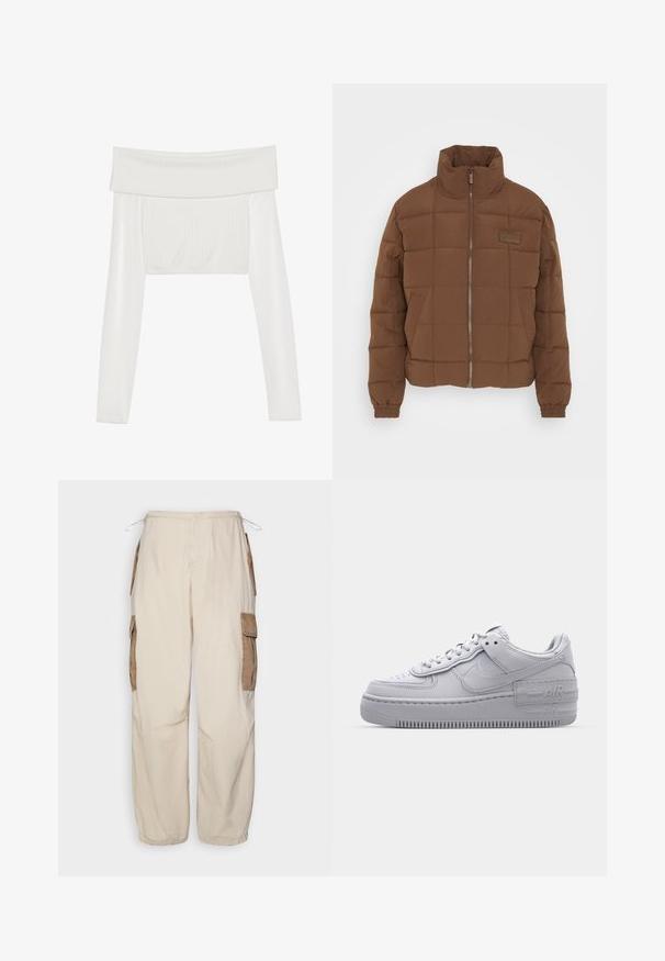 Karl Kani SIGNATURE PUFFER JACKET - Vinterjakker - brown smu; Hvid af-shoulder cropped top med lange ærmer, ribbet tekstur på kroppen, glatte ærmer og elastisk bånd ved kanten.; BDG Urban Outfitters CONTRAST - Cargobukser - beige; Grå Nike Air Force 1 sneakers med perforeret tå, glat læderoverdel, tyk sål og præget 'AIR' detalje på hælen.