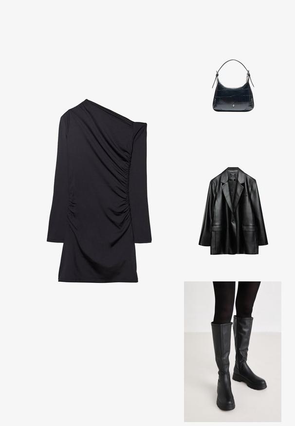 Blazer en faux cuir noir avec revers crantés, fermeture à un bouton et deux poches avant, présentant une texture lisse et brillante.; Robe noire avec un design une épaule, manches longues et texture froncée sur le côté. Fabriquée en tissu doux et extensible.; Even&Odd by Zalando Bottes à plateau - black; Sac à bandoulière en cuir noir avec texture crocodile et fermoir argenté, avec une sangle réglable ornée de détails en chaîne sur fond blanc.