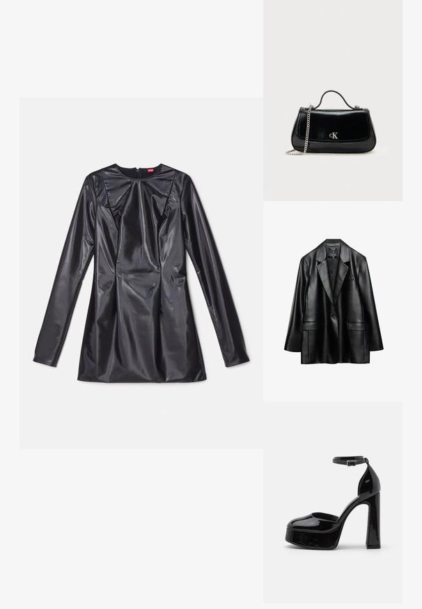 Schwarze Kunstlederjacke mit Reverskragen, einreihiger Knopfverschluss und zwei vorderen Taschen, mit einer glatten, glänzenden Textur.; 032c TRAPEZE TOO TIGHT MINI DRESS - Cocktailkleid/festliches Kleid - black luster; Schwarze Lackleder-Plateau-Absätze mit einem Knöchelriemen, runder Zehenform und Blockabsatz, die eine glatte, glänzende Textur präsentieren.; Schwarze Lederhandtasche mit einer Kettenriemen, strukturierter Form und einem silbernen Logo-Akzent. Glatte Textur mit einem Klappenverschluss.