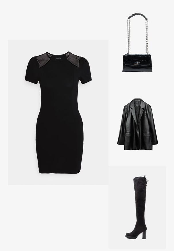 Blazer en faux cuir noir avec revers crantés, fermeture à un bouton et deux poches avant, présentant une texture lisse et brillante.; Even&Odd by Zalando Robe en jersey - black; Bottes noires au-dessus du genou en suede doux, avec un talon épais, une semelle plateforme et un détail en lacets en haut pour un ajustement réglable.; Sac à main en cuir noir à texture crocodile avec fermoir à verrou argenté et longue chaîne argentée avec patte d'épaule en cuir.