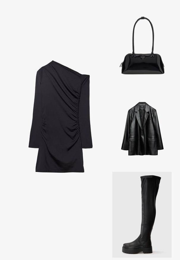Blazer en faux cuir noir avec revers crantés, fermeture à un bouton et deux poches avant, présentant une texture lisse et brillante.; Robe noire avec un design une épaule, manches longues et texture froncée sur le côté. Fabriquée en tissu doux et extensible.; Bottes noires au-dessus du genou en matériau synthétique lisse. Elles présentent un orteil arrondi et une semelle plateforme épaisse avec un motif de texture.; Sac à main en cuir verni noir brillant avec longues doubles poignées, fermeture éclair argentée, et logo triangulaire Guess au centre avant.