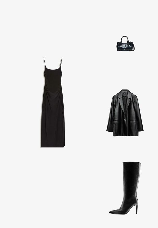 Blazer en faux cuir noir avec revers crantés, fermeture à un bouton et deux poches avant, présentant une texture lisse et brillante.; Robe maxi noire sans manches avec fines bretelles, côtés froncés et encolure carrée sur fond blanc.; Bottes en cuir noir montantes jusqu’au genou avec talon haut, bout pointu et talon aiguille fin, vues de côté sur fond blanc.; Sac à main en cuir noir avec deux poignées supérieures, boucles décoratives et une bandoulière amovible sur fond blanc.