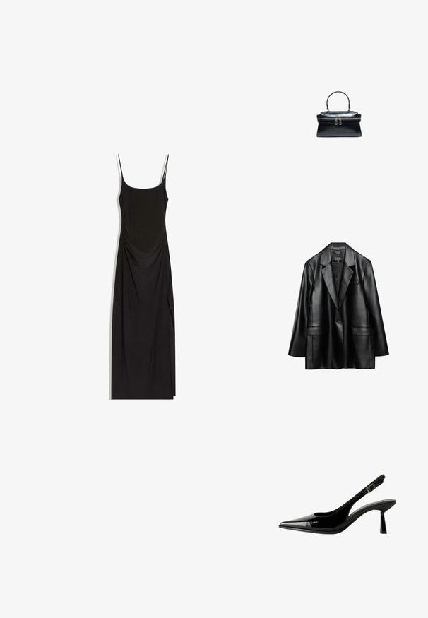 Blazer en faux cuir noir avec revers crantés, fermeture à un bouton et deux poches avant, présentant une texture lisse et brillante.; Robe maxi noire sans manches avec fines bretelles, côtés froncés et encolure carrée sur fond blanc.; Racine à talon en cuir verni noir avec un nez pointu, des côtés découpés, une bride de cheville ajustable et un talon fin et élégant.; Sac à main en cuir noir avec une poignée supérieure, une texture crocodile et une fermeture double à glissière au centre.