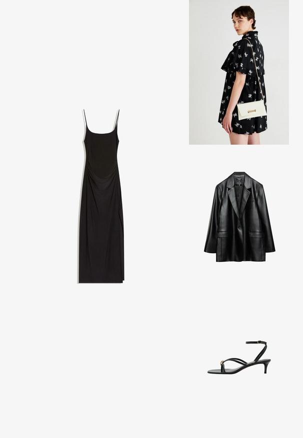 Blazer en faux cuir noir avec revers crantés, fermeture à un bouton et deux poches avant, présentant une texture lisse et brillante.; Robe maxi noire sans manches avec fines bretelles, côtés froncés et encolure carrée sur fond blanc.; Sandale noire à brides avec petit talon kitten, bride à boucle à la cheville et petit détail décoratif doré sur la bride avant.; Robe noire avec des motifs de nœuds blancs, manches courtes, volants aux épaules. Pochette blanche avec chaîne en or et fermoir, tenue dans la main droite.